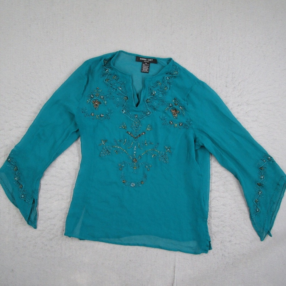 Donna Cody Petite Silk Beaded Blouse Teal Green Embroidered V-Neck Top PM
